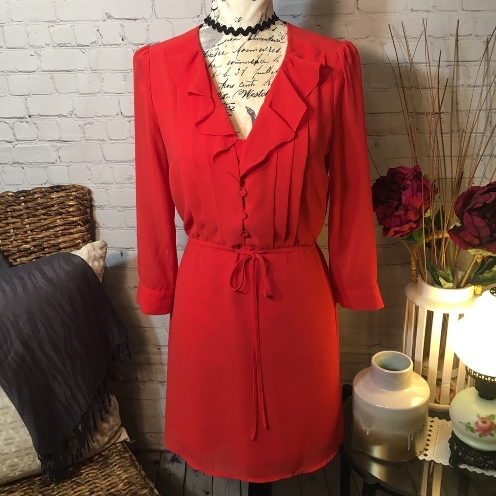 H&M sheer ruffle button front beautiful red dress